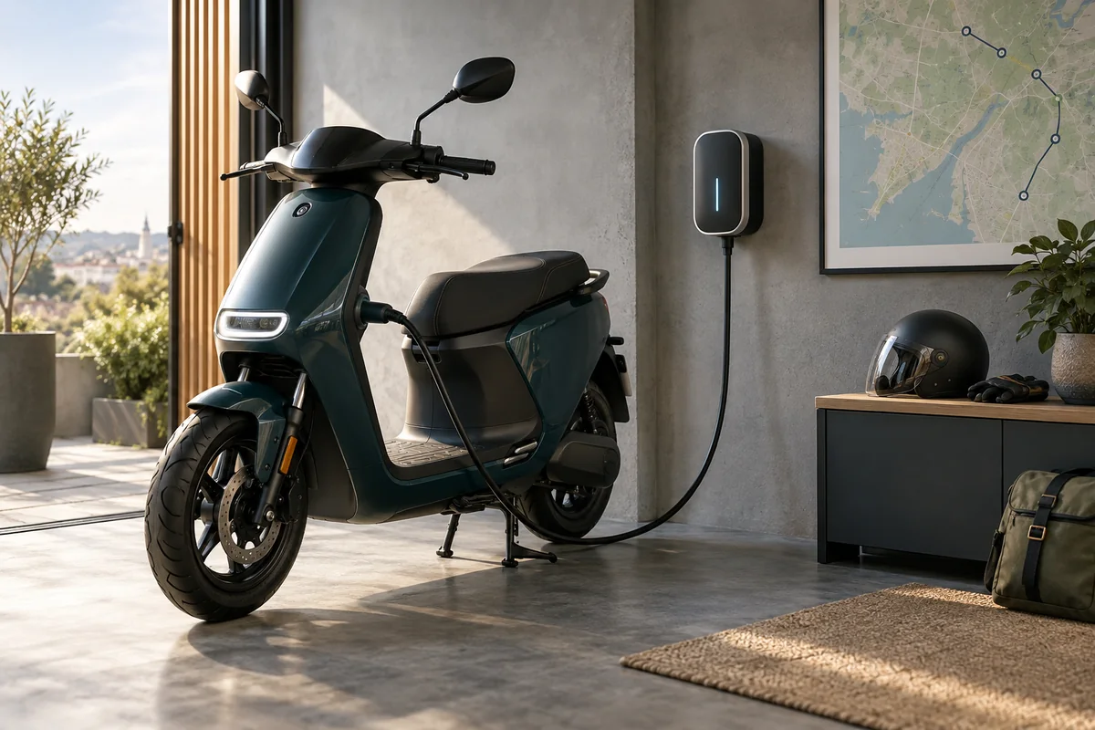 Scooter électrique en charge dans un espace lumineux