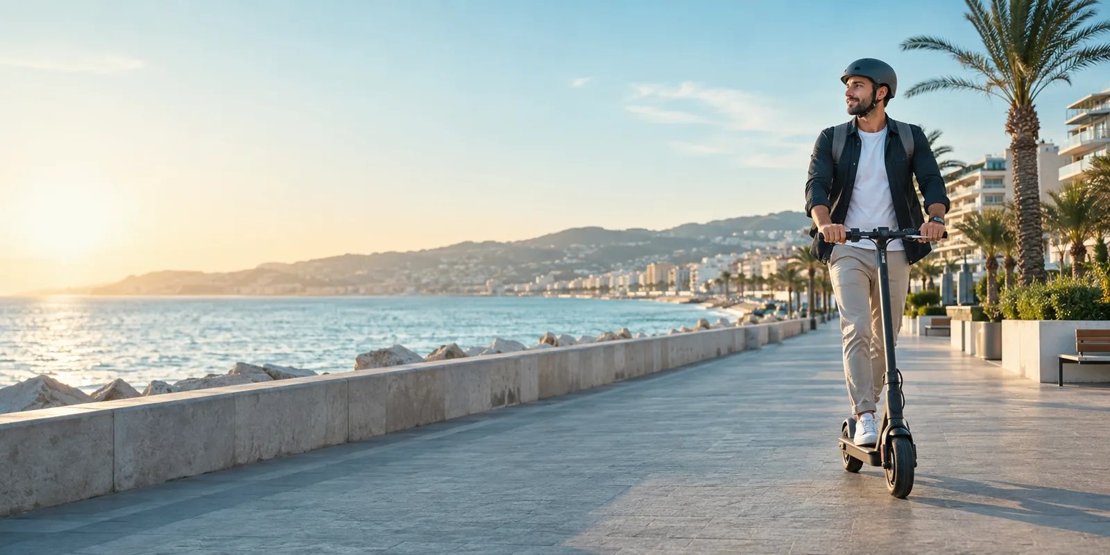 Conducteur casqué sur une trottinette électrique générique au bord de la Méditerranée